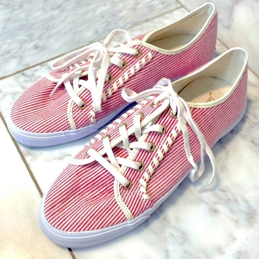 Jack Rogers 1960,  size 9, red white tie stripe flat lace-up sneakers, like new